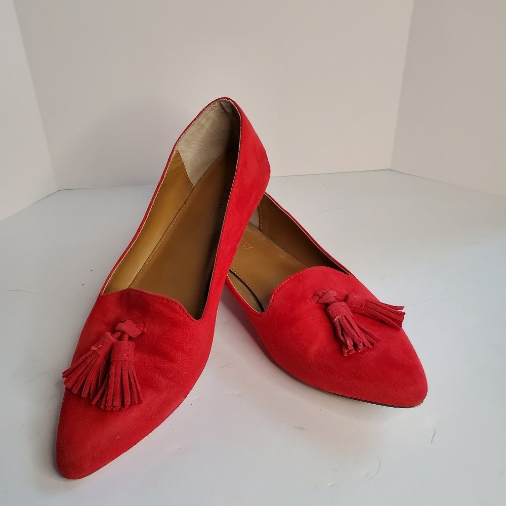 J Crew Factory Faux-Suede Smoking Loafer with Tassels Red Size 7.5
